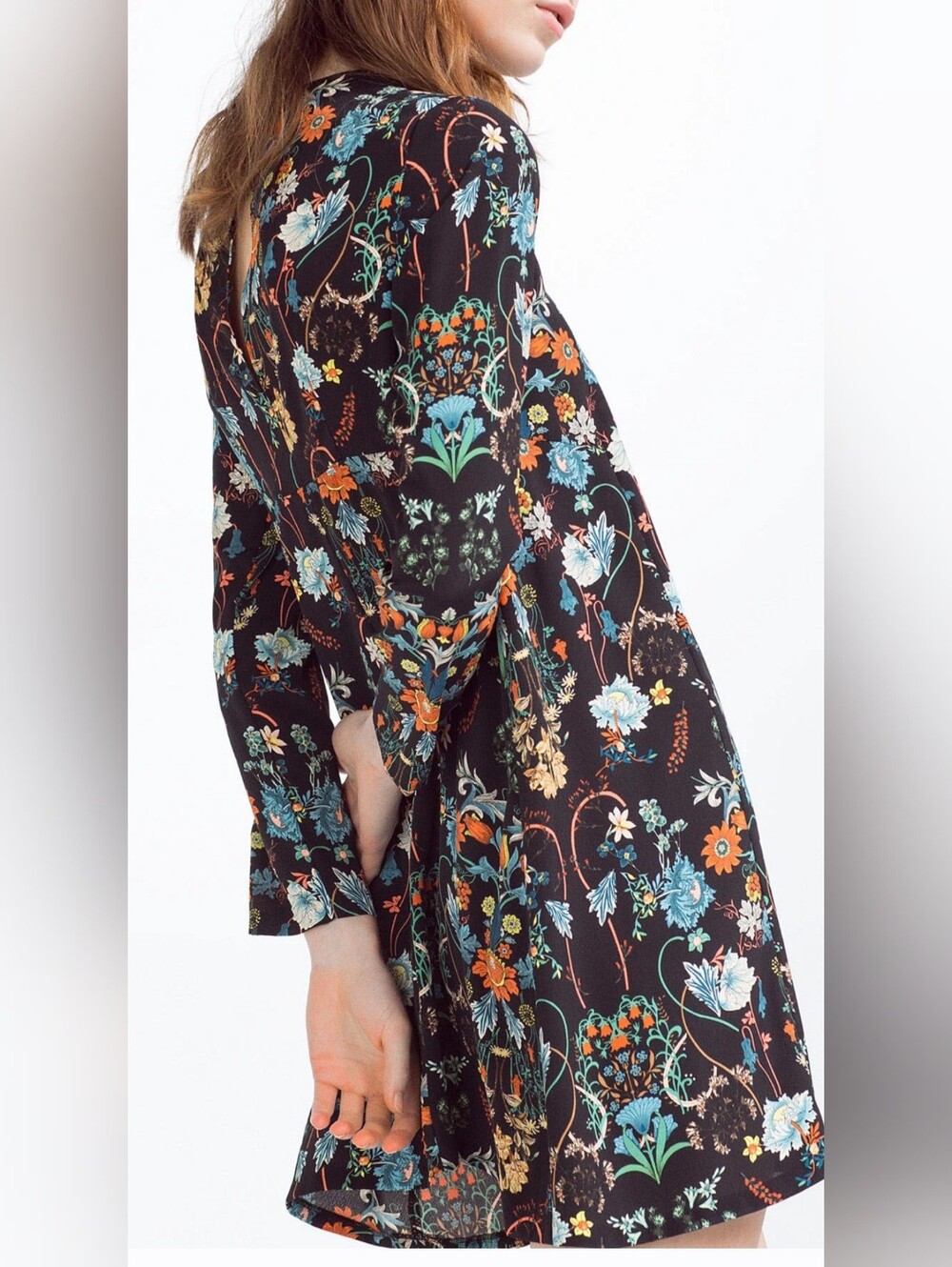 Zara Black Floral Long-Sleeve A-Line Dress